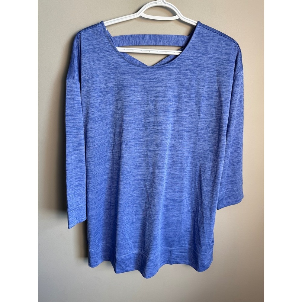 IZOD Womens Open Back Cross Strap Active Top L Blue Heathered Athleisure Sporty